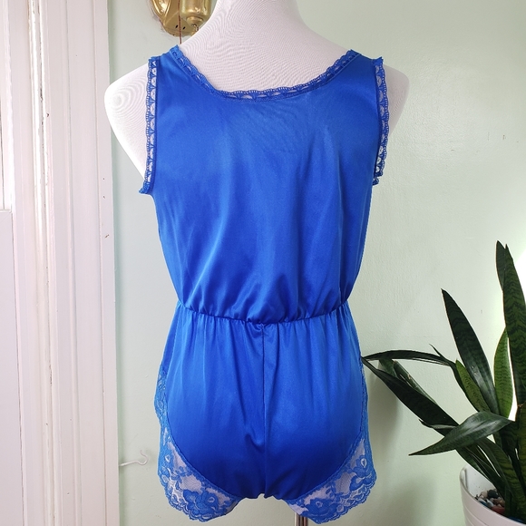 Vintage Lace Trim Lingerie Bodysuit Electric Blue - Picture 6 of 7